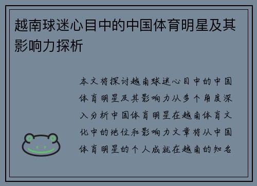 越南球迷心目中的中国体育明星及其影响力探析